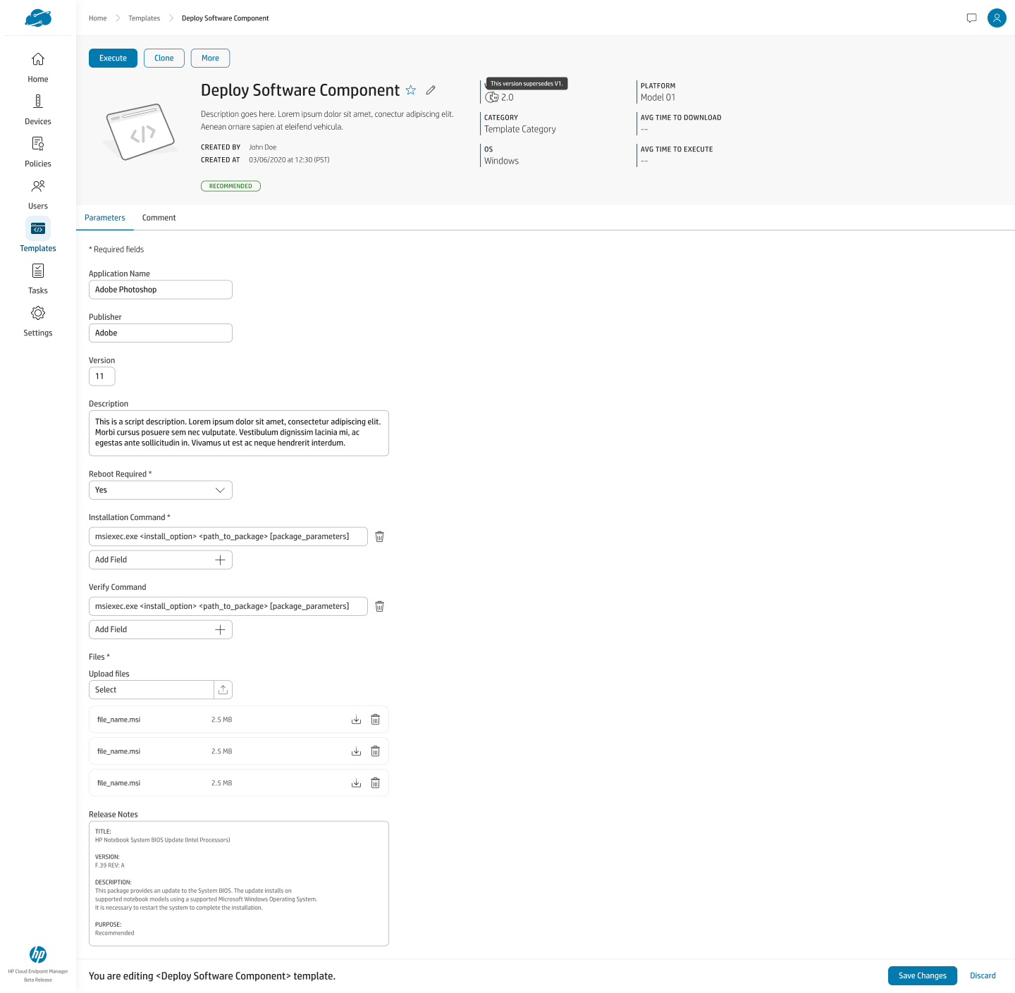 Template detail for a Deploy Software Component template in edit mode, showing parameter fields, installation and verify commands, file uploads, and release notes.